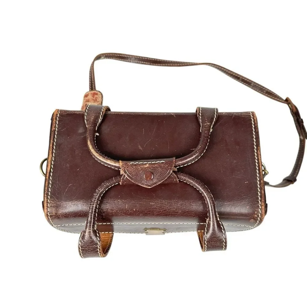 Cheney England Vintage Brown Leather Camera Satchel Crossbody Messenger Bag